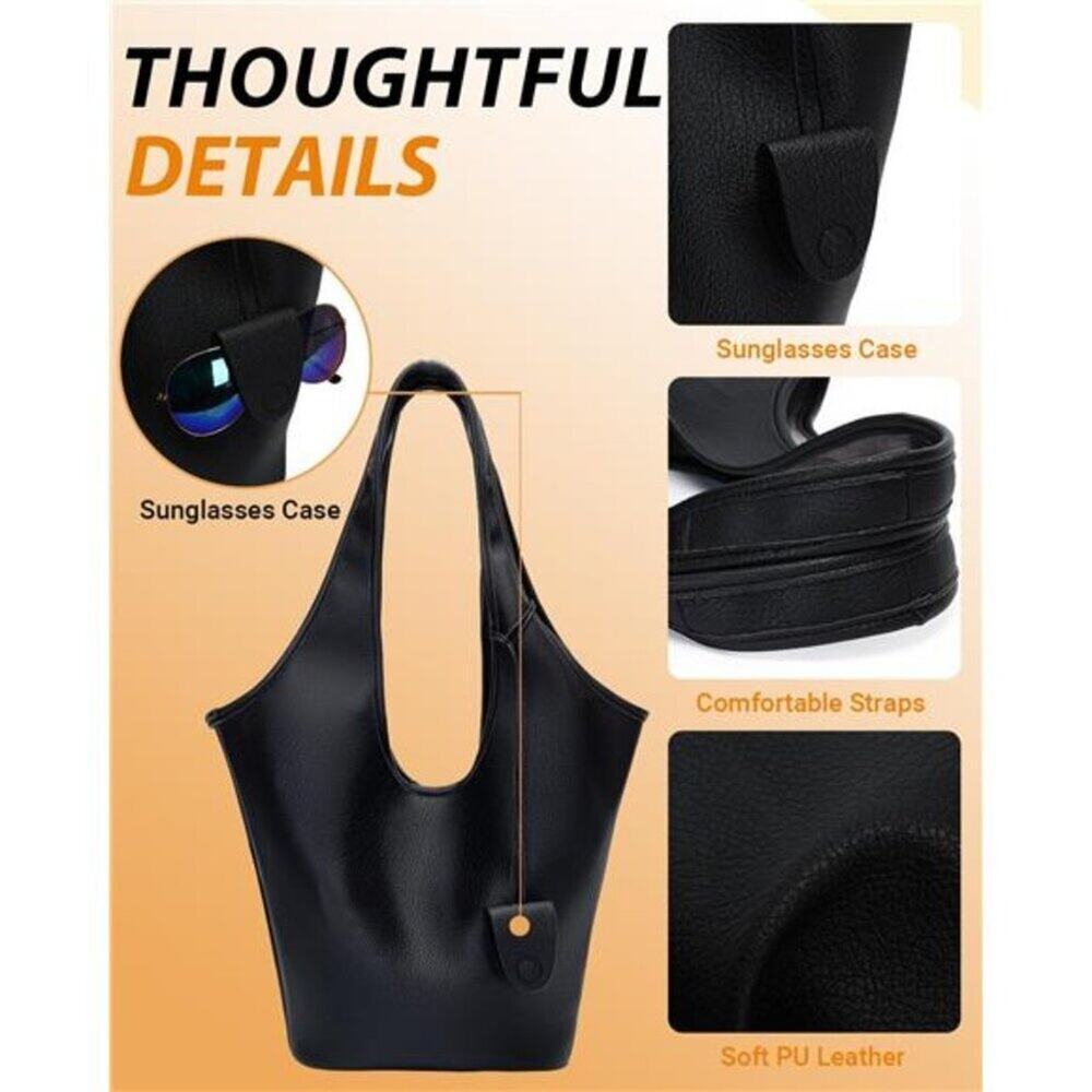 Women Slouchy Hobo Bag 2PCS Black Vegan Leather Large Capacity Shoulder Tote Bag - Picture 3 of 8